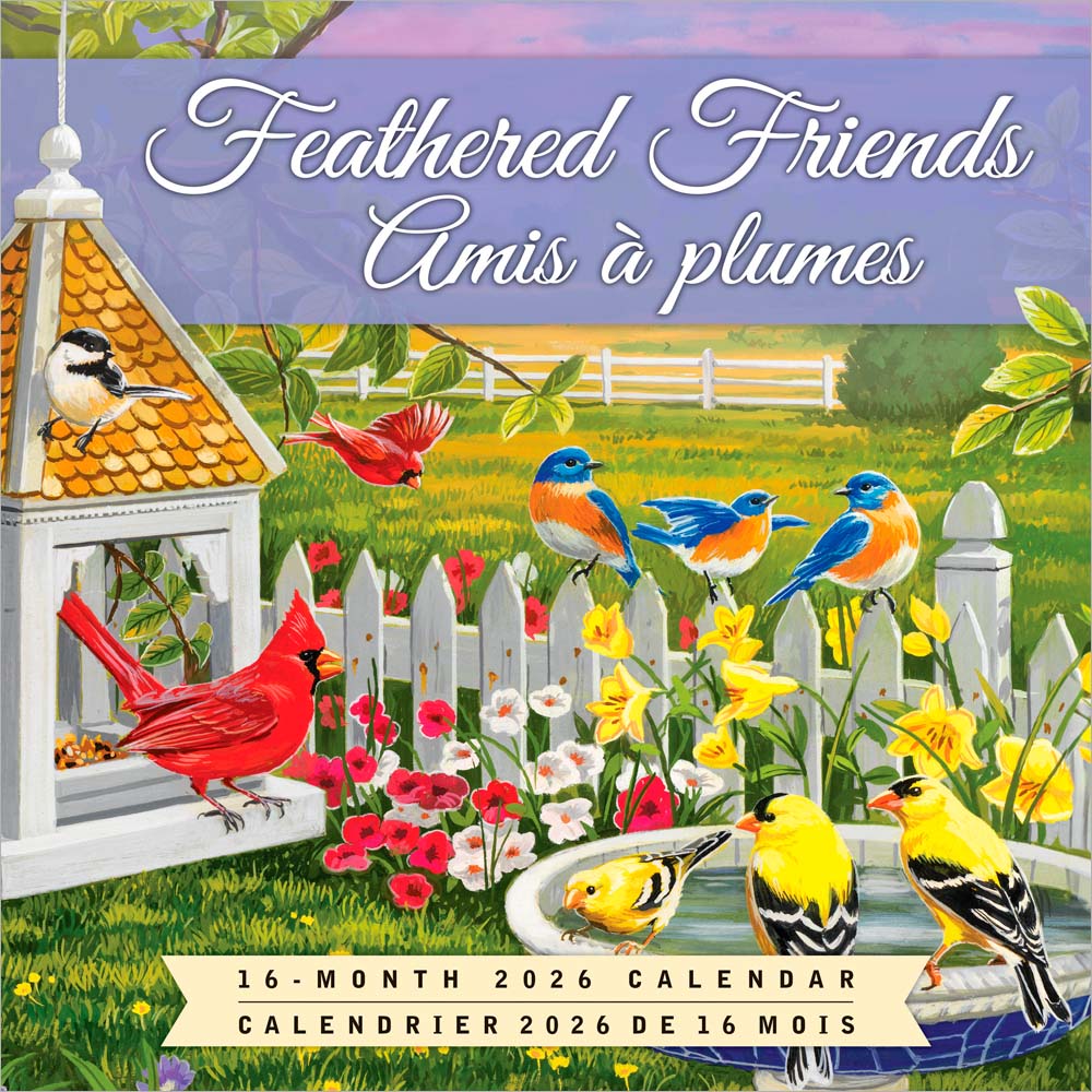 Feathered Friends | 2026 12 x 24 Inch (Hanging) Monthly Square Wall Calendar | Featuring the Artwork of William Vanderdasson | English/French Bilingual
