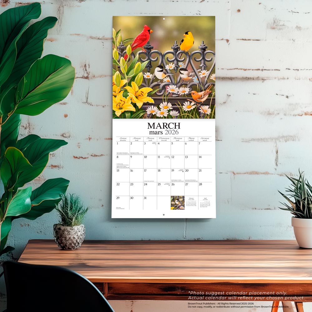 Feathered Friends | 2026 12 x 24 Inch (Hanging) Monthly Square Wall Calendar | Featuring the Artwork of William Vanderdasson | English/French Bilingual