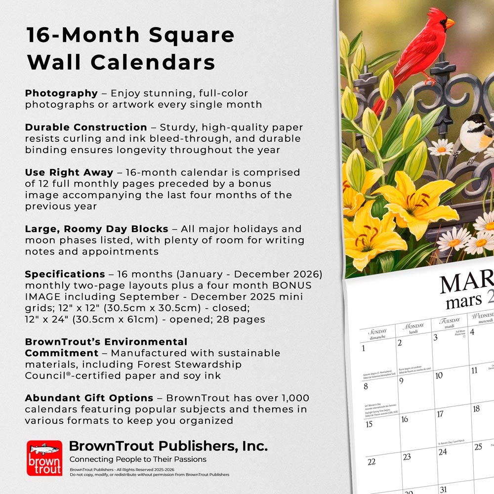 Feathered Friends | 2026 12 x 24 Inch (Hanging) Monthly Square Wall Calendar | Featuring the Artwork of William Vanderdasson | English/French Bilingual