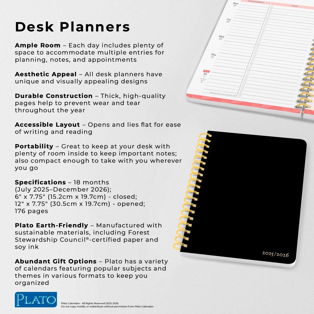 Black Solid | 2026 6 x 7.75 Inch 18 Months Weekly Desk Planner | Foil Stamped Cover | July 2025 - December 2026