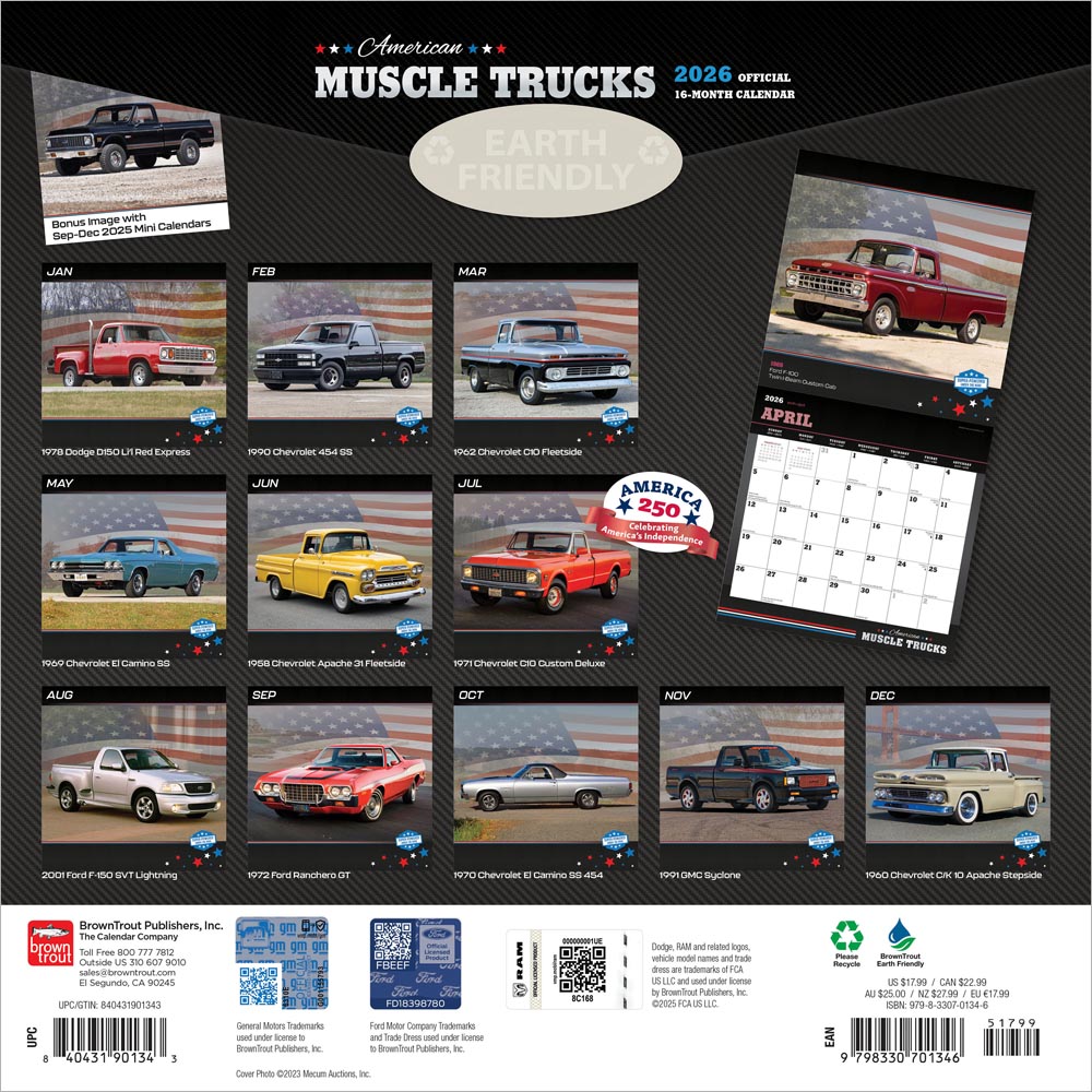 American Muscle Trucks OFFICIAL | 2026 12 x 24 Inch (Hanging) Monthly Square Wall Calendar | Foil Stamped Cover