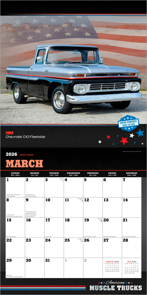 American Muscle Trucks OFFICIAL | 2026 12 x 24 Inch (Hanging) Monthly Square Wall Calendar | Foil Stamped Cover