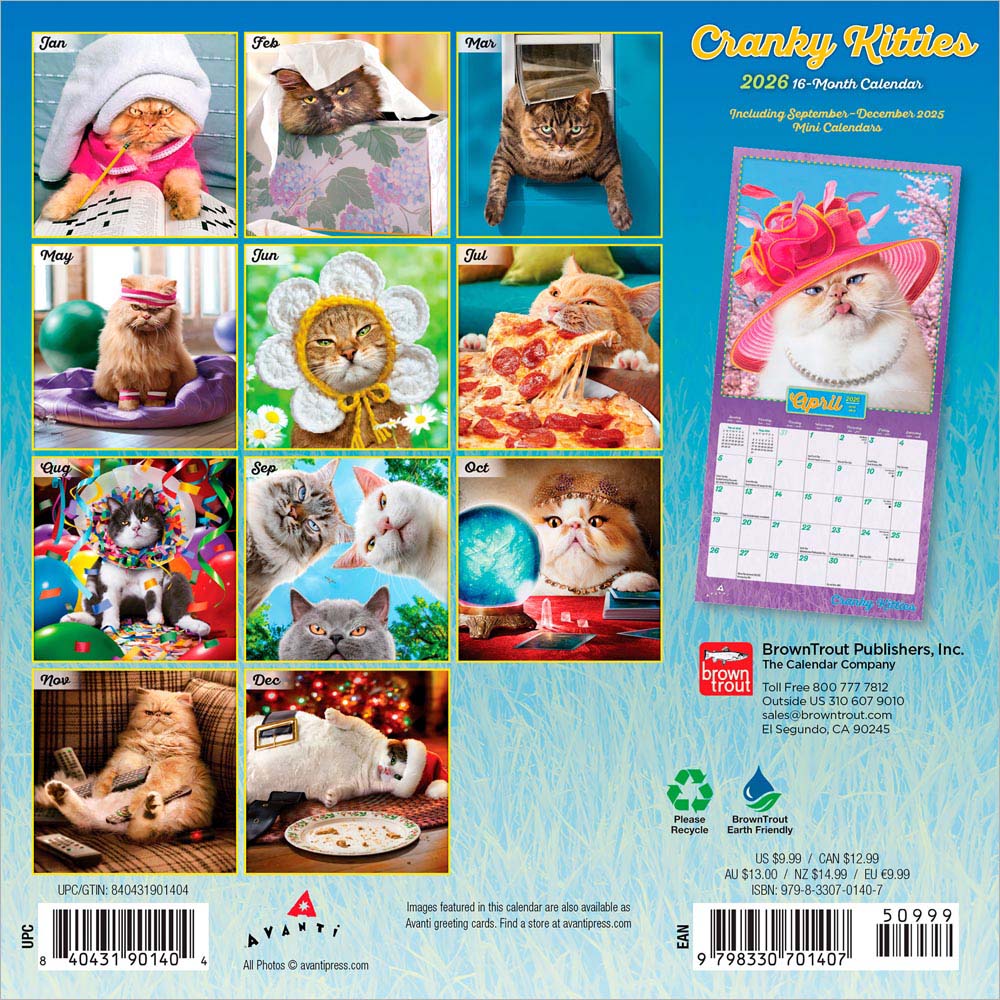 Avanti Cranky Kitties OFFICIAL | 2026 7 x 14 Inch (Hanging) Monthly Mini Wall Calendar
