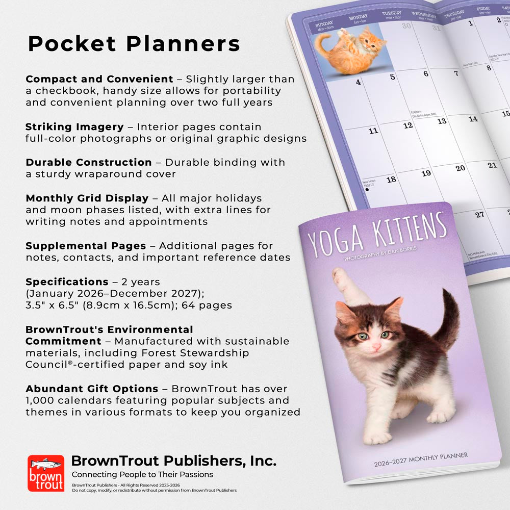 Yoga Kittens OFFICIAL | 2026-2027 3.5 x 6.5 Inch Two Year Monthly Pocket Planner Calendar