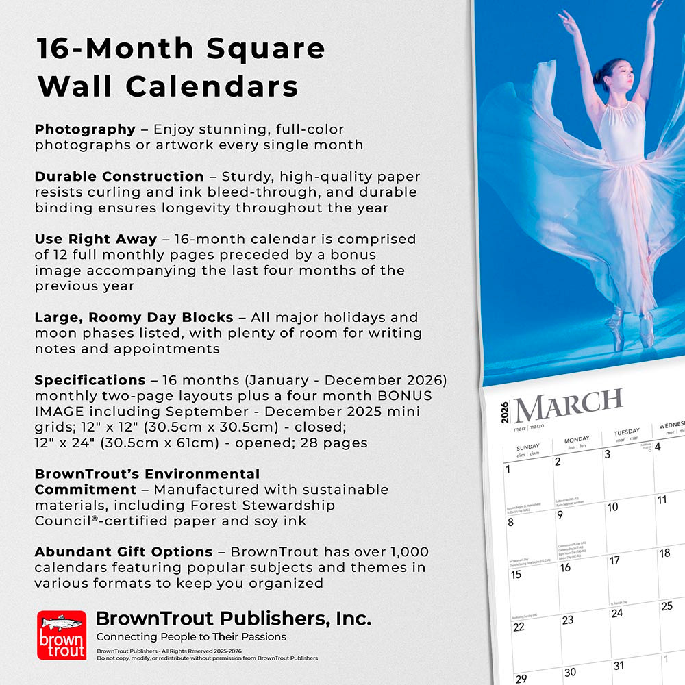 Ballet | 2026 12 x 24 Inch (Hanging) Monthly Square Wall Calendar | Foil Stamped Cover