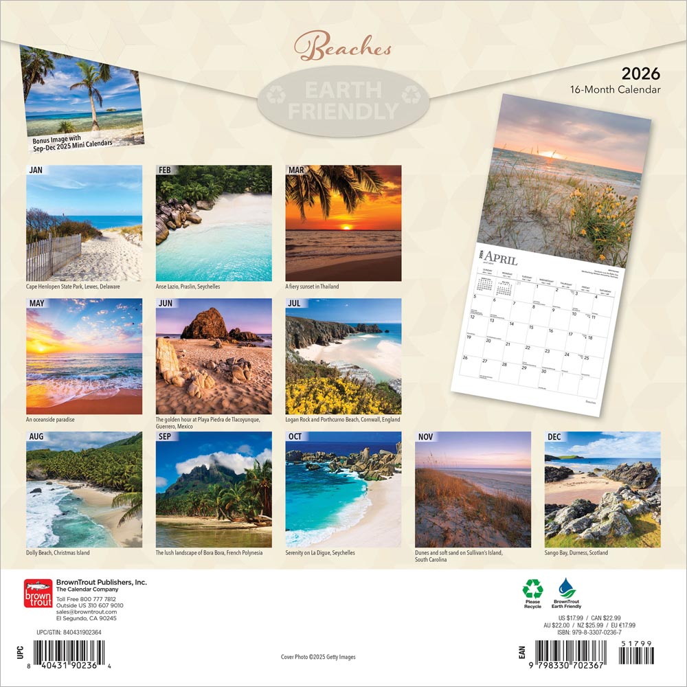 Beaches | 2026 12 x 24 Inch (Hanging) Monthly Square Wall Calendar | Foil Stamped Cover