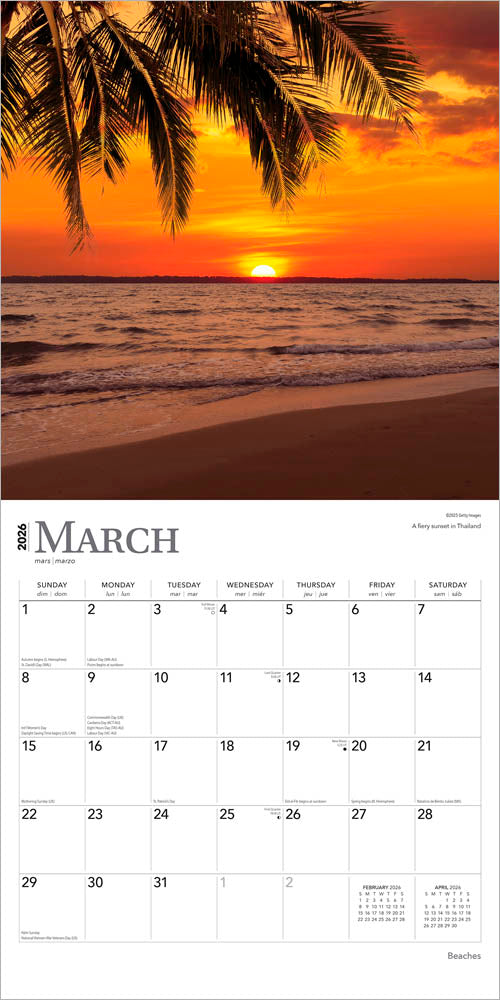 Beaches | 2026 12 x 24 Inch (Hanging) Monthly Square Wall Calendar | Foil Stamped Cover