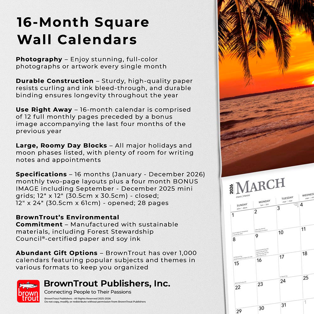 Beaches | 2026 12 x 24 Inch (Hanging) Monthly Square Wall Calendar | Foil Stamped Cover