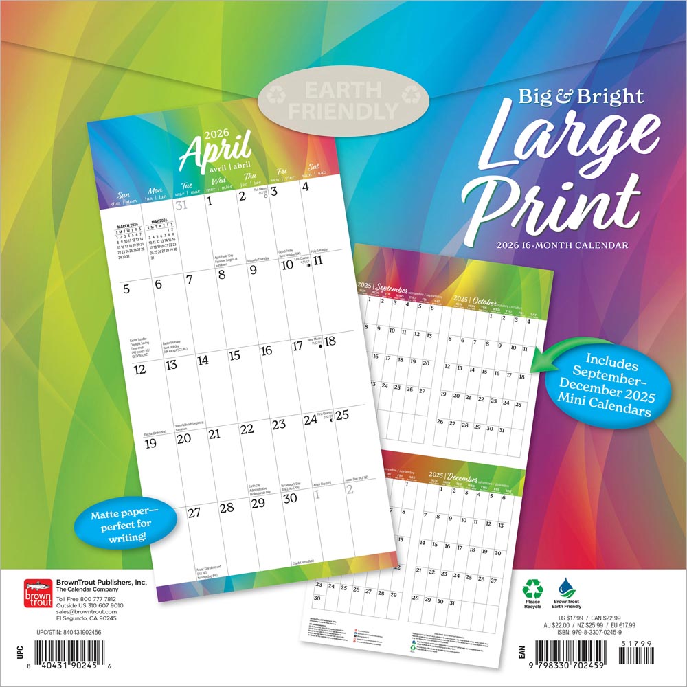 Big & Bright Large Print | 2026 12 x 24 Inch (Hanging) Monthly Square Wall Calendar | Matte Paper