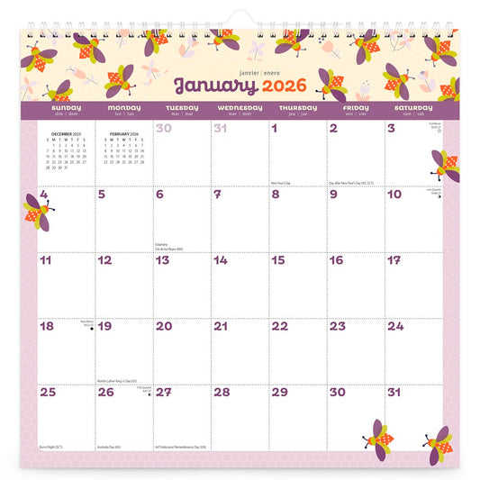 Busy Bees | 2026 12 x 12 Inch (Hanging) Monthly Square Wire-O Calendar | Sticker Sheet