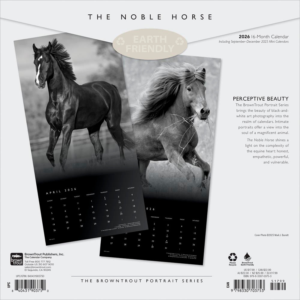 The BrownTrout Portrait Series: The Noble Horse | 2026 12 x 24 Inch (Hanging) Monthly Square Wall Calendar