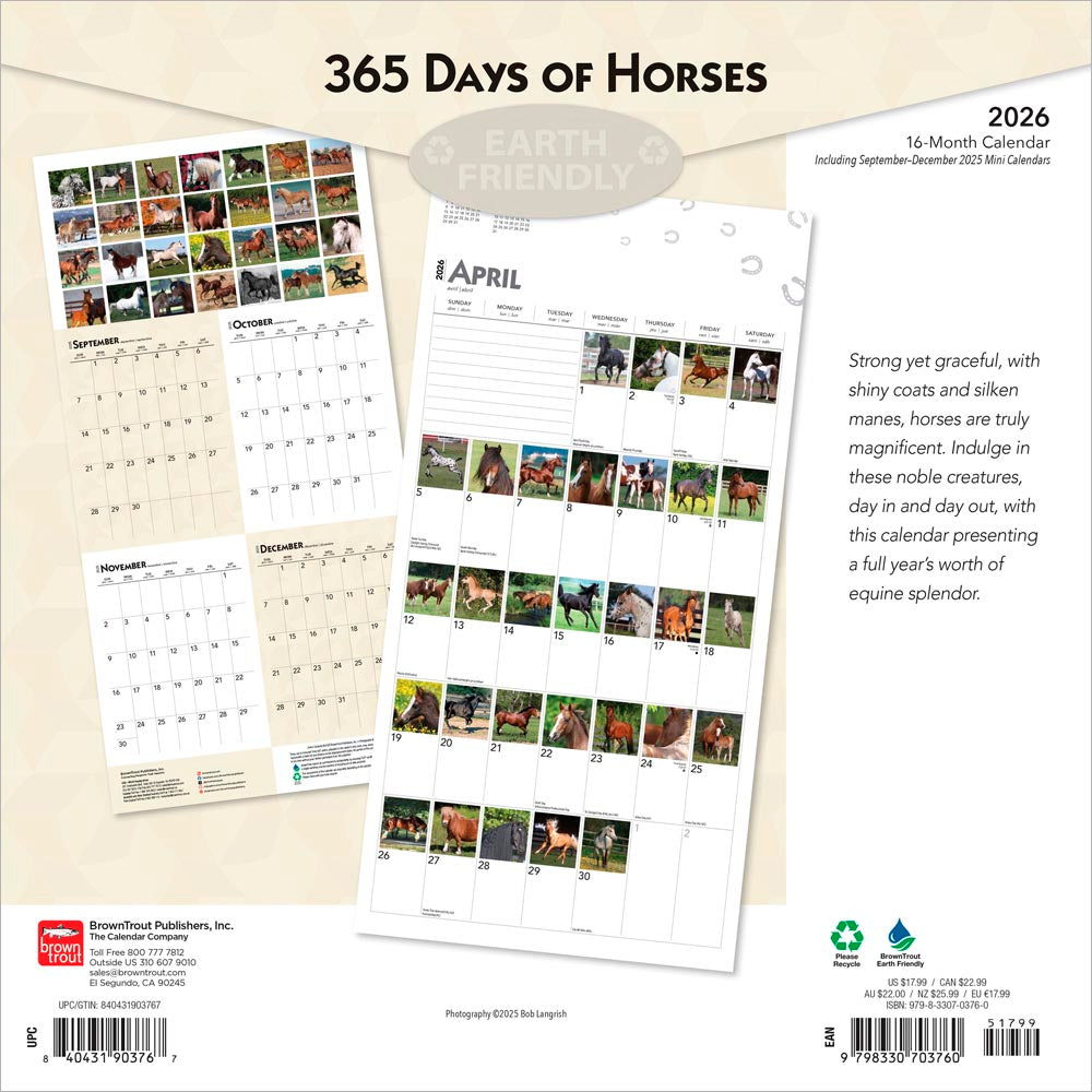 365 Days of Horses | 2026 12 x 24 Inch (Hanging) Monthly Square Wall Calendar