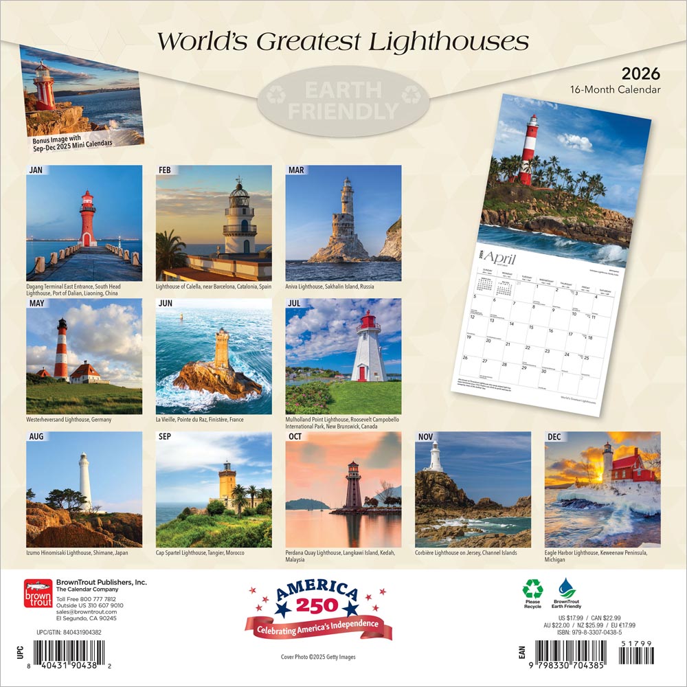 World's Greatest Lighthouses | 2026 12 x 24 Inch (Hanging) Monthly Square Wall Calendar | Foil Stamped Cover