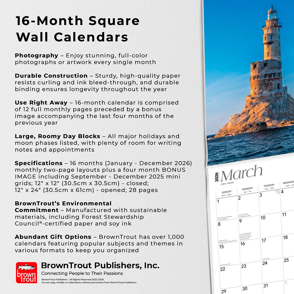 World's Greatest Lighthouses | 2026 12 x 24 Inch (Hanging) Monthly Square Wall Calendar | Foil Stamped Cover