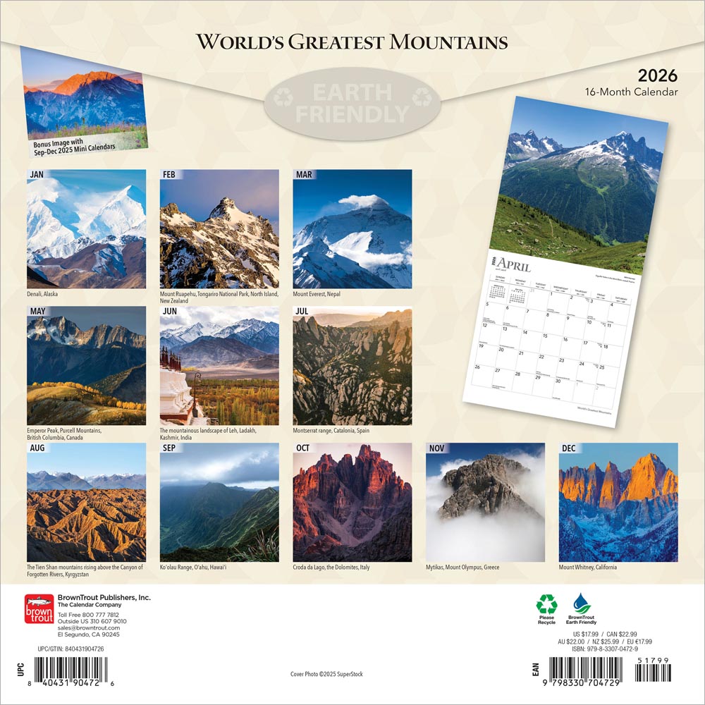 World's Greatest Mountains | 2026 12 x 24 Inch (Hanging) Monthly Square Wall Calendar | Foil Stamped Cover