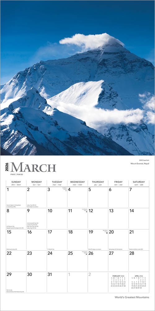 World's Greatest Mountains | 2026 12 x 24 Inch (Hanging) Monthly Square Wall Calendar | Foil Stamped Cover