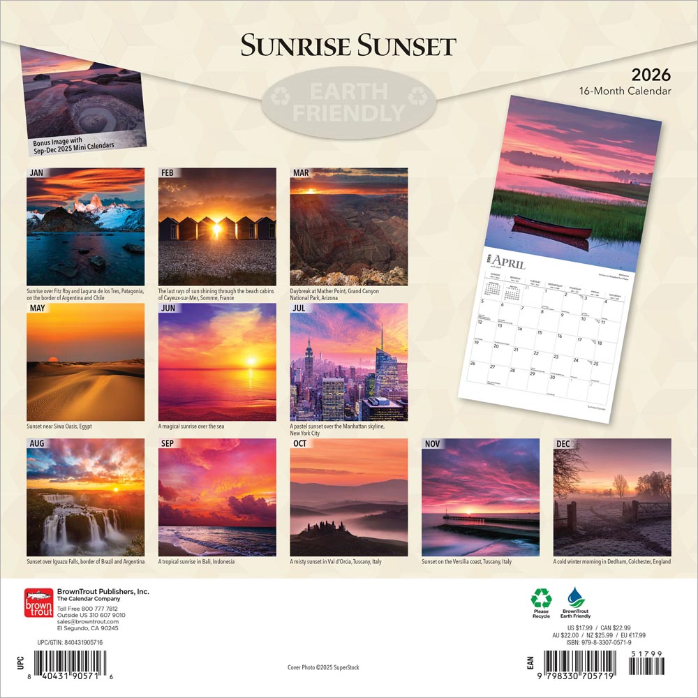 Sunrise Sunset | 2026 12 x 24 Inch (Hanging) Monthly Square Wall Calendar