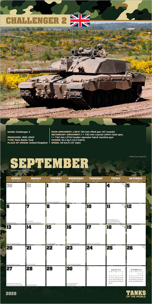 Tanks of the World | 2026 12 x 24 Inch (Hanging) Monthly Square Wall Calendar