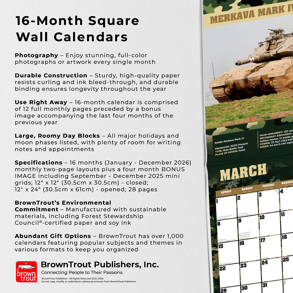 Tanks of the World | 2026 12 x 24 Inch (Hanging) Monthly Square Wall Calendar
