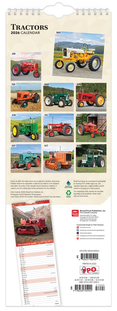 Tractors | 2026  5.7 x 16.5 Inch (Hanging) Monthly Slimline Wall Calendar