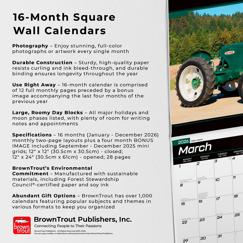 Tractors | 2026 12 x 24 Inch (Hanging) Monthly Square Wall Calendar