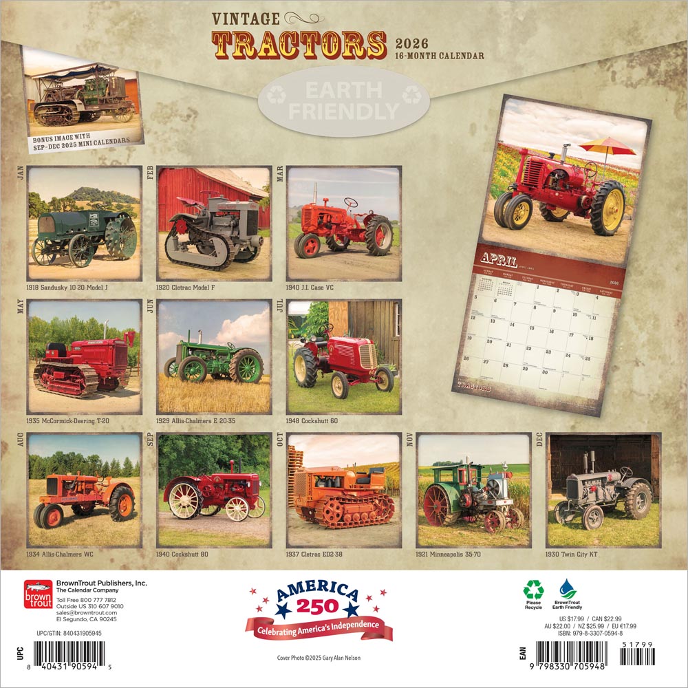 Vintage Tractors | 2026 12 x 24 Inch (Hanging) Monthly Square Wall Calendar