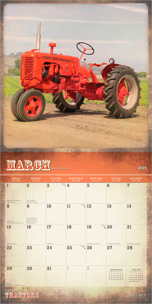 Vintage Tractors | 2026 12 x 24 Inch (Hanging) Monthly Square Wall Calendar