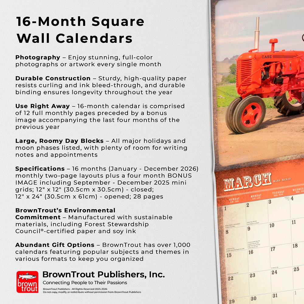 Vintage Tractors | 2026 12 x 24 Inch (Hanging) Monthly Square Wall Calendar