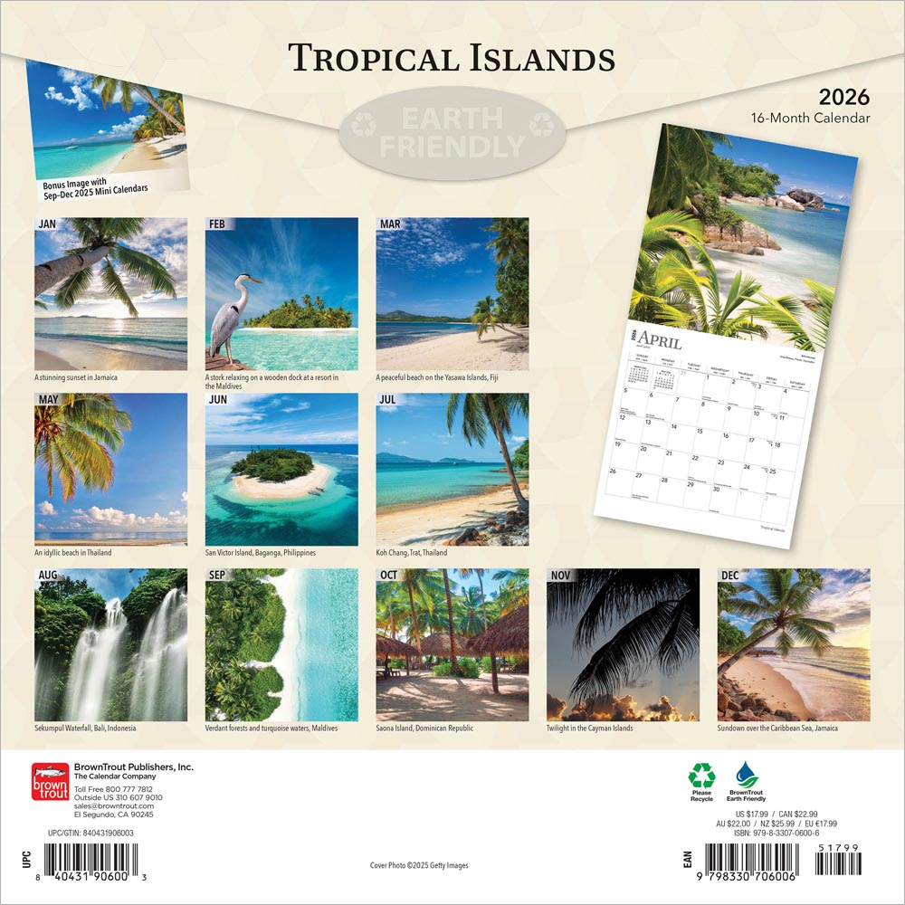 Tropical Islands | 2026 12 x 24 Inch (Hanging) Monthly Square Wall Calendar | Foil Stamped Cover