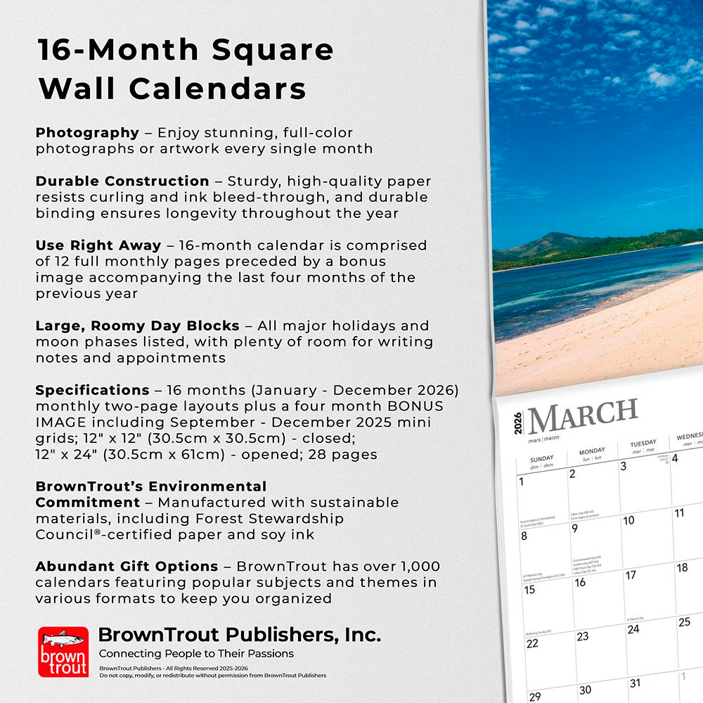 Tropical Islands | 2026 12 x 24 Inch (Hanging) Monthly Square Wall Calendar | Foil Stamped Cover