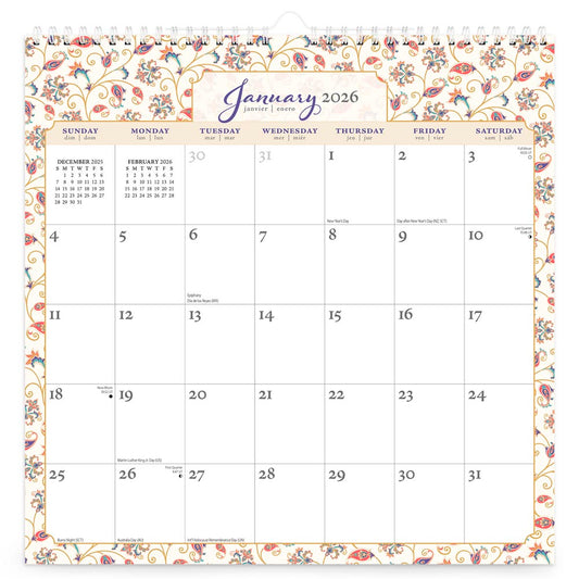 Tuscan Delight | 2026 12 x 12 Inch (Hanging) Monthly Square Wire-O Calendar | Sticker Sheet