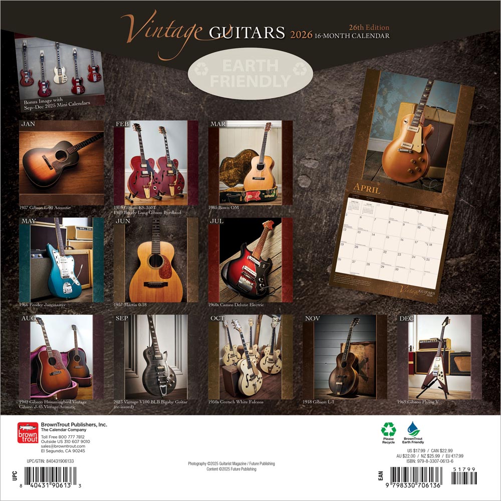 Vintage Guitars | 2026 12 x 24 Inch (Hanging) Monthly Square Wall Calendar | Foil Stamped Cover