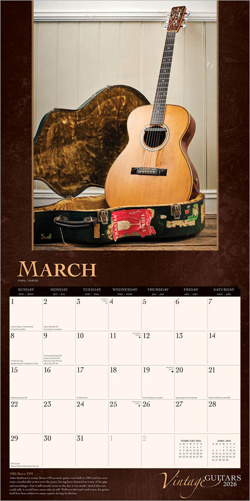 Vintage Guitars | 2026 12 x 24 Inch (Hanging) Monthly Square Wall Calendar | Foil Stamped Cover