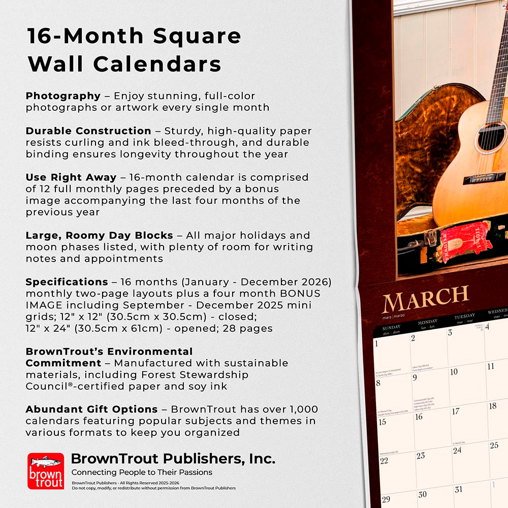 Vintage Guitars | 2026 12 x 24 Inch (Hanging) Monthly Square Wall Calendar | Foil Stamped Cover