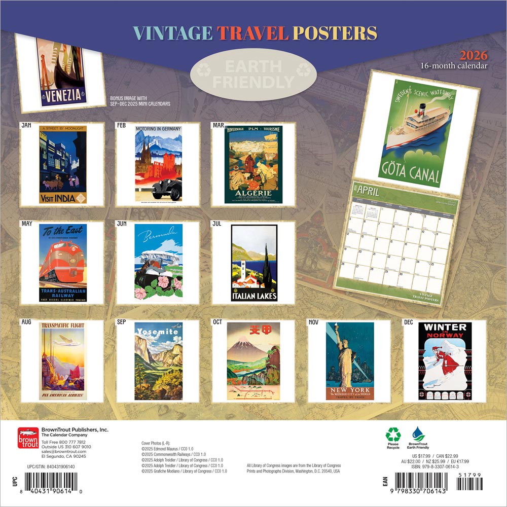 Vintage Travel Posters | 2026 12 x 24 Inch (Hanging) Monthly Square Wall Calendar