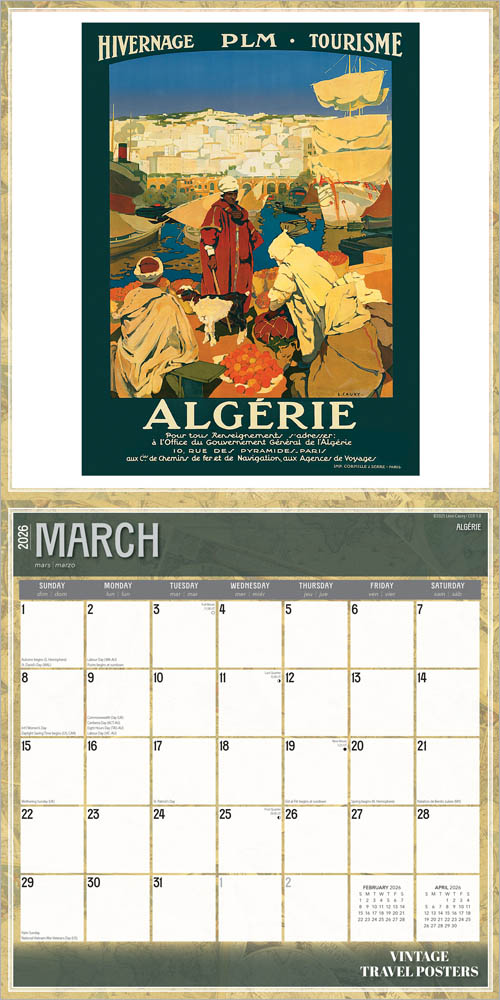 Vintage Travel Posters | 2026 12 x 24 Inch (Hanging) Monthly Square Wall Calendar