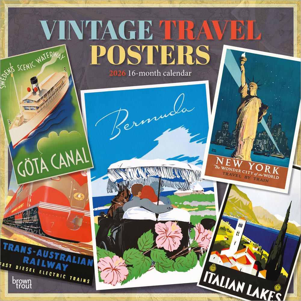 Vintage Travel Posters | 2026 12 x 24 Inch (Hanging) Monthly Square Wall Calendar