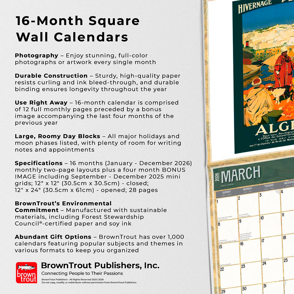 Vintage Travel Posters | 2026 12 x 24 Inch (Hanging) Monthly Square Wall Calendar