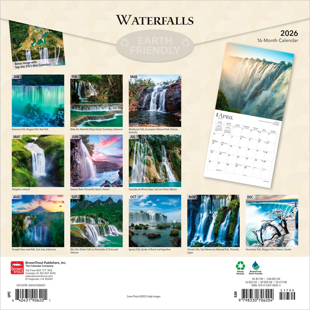 Waterfalls | 2026 12 x 24 Inch (Hanging) Monthly Square Wall Calendar