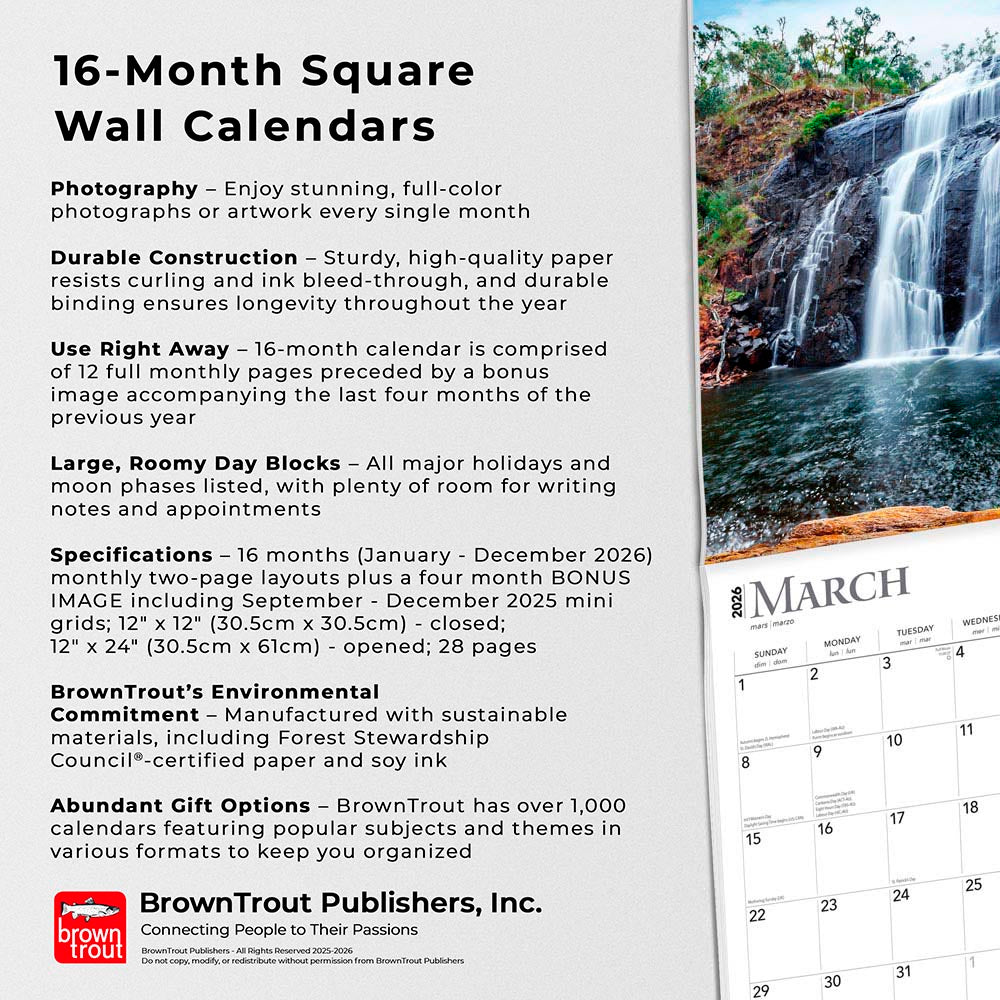 Waterfalls | 2026 12 x 24 Inch (Hanging) Monthly Square Wall Calendar