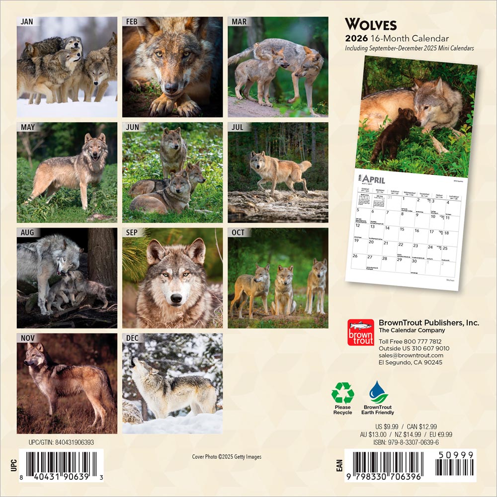 Wolves | 2026 7 x 14 Inch (Hanging) Monthly Mini Wall Calendar