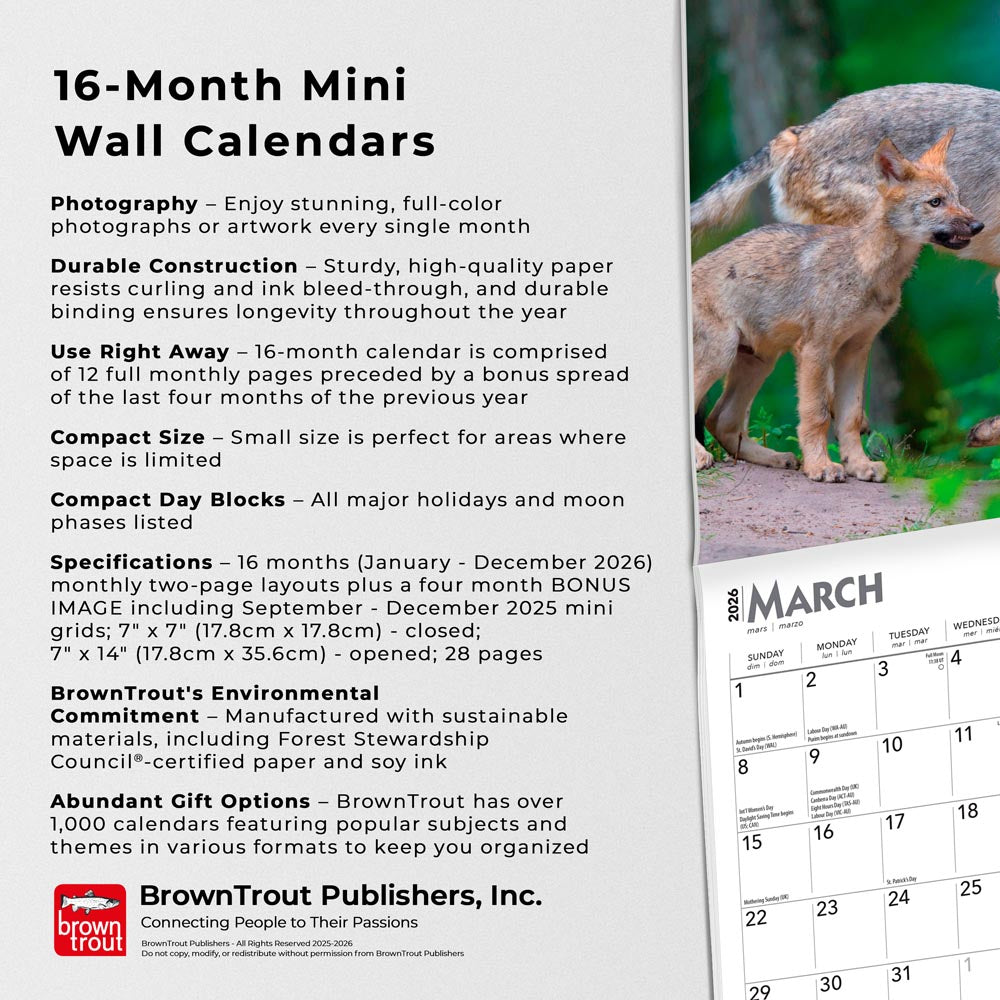 Wolves | 2026 7 x 14 Inch (Hanging) Monthly Mini Wall Calendar