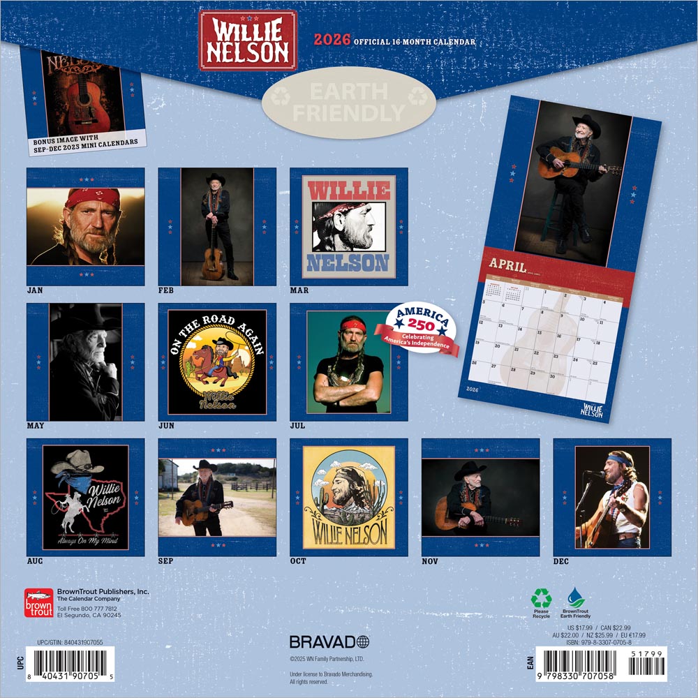 Willie Nelson OFFICIAL | 2026 12 x 24 Inch (Hanging) Monthly Square Wall Calendar