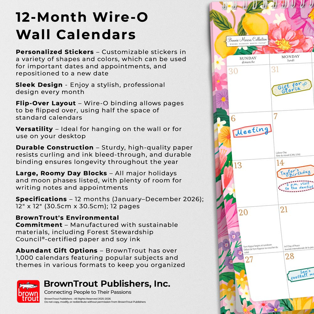 Bonnie Marcus OFFICIAL | 2026 12 x 12 Inch (Hanging) Monthly Square Wire-O Calendar | Sticker Sheet | English/French Bilingual
