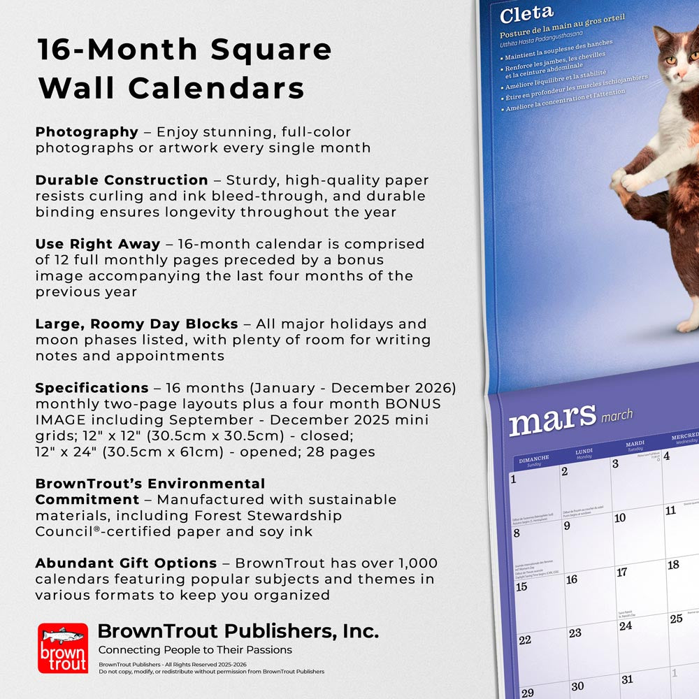 Chats de Yoga OFFICIEL | 2026 12 x 24 Inch (Hanging) Monthly Square Wall Calendar | French Language