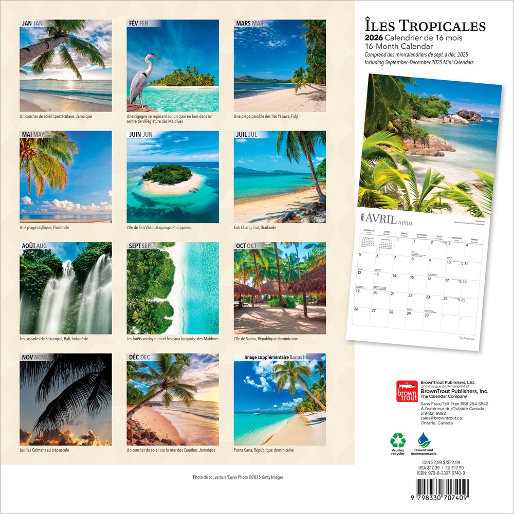 Îles Tropicales | 2026 12 x 24 Inch (Hanging) Monthly Square Wall Calendar | French Language