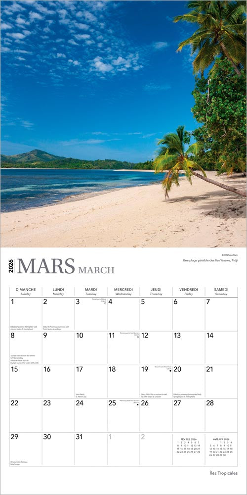 Îles Tropicales | 2026 12 x 24 Inch (Hanging) Monthly Square Wall Calendar | French Language
