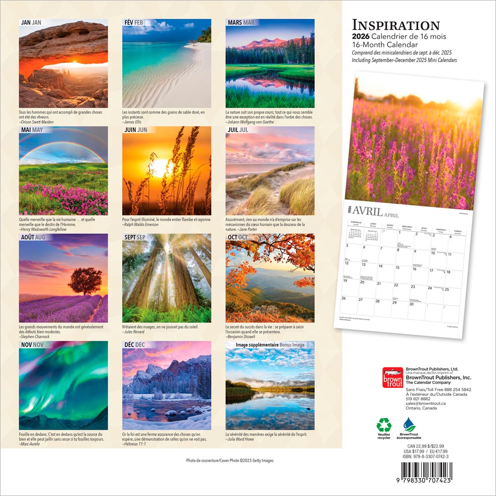 Inspiration | 2026 12 x 24 Inch (Hanging) Monthly Square Wall Calendar | French Language