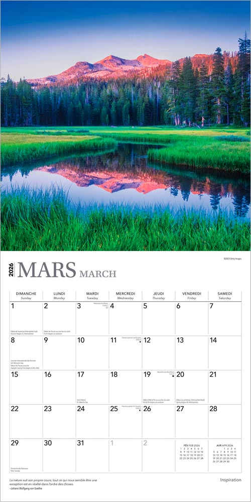 Inspiration | 2026 12 x 24 Inch (Hanging) Monthly Square Wall Calendar | French Language