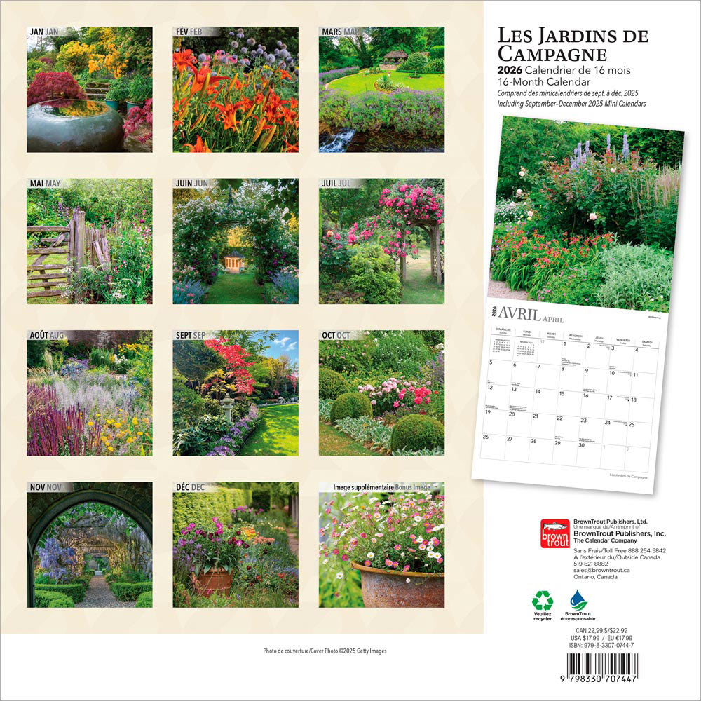 Les Jardins de Campagne | 2026 12 x 24 Inch (Hanging) Monthly Square Wall Calendar | French Language